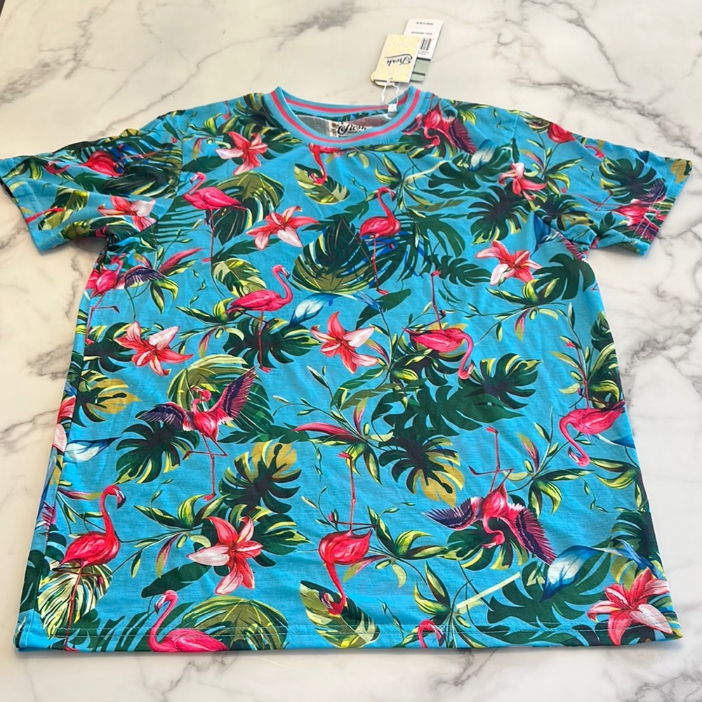 Fresh Tropical Flamingo Short Sleeve Tee - Blue and Pink